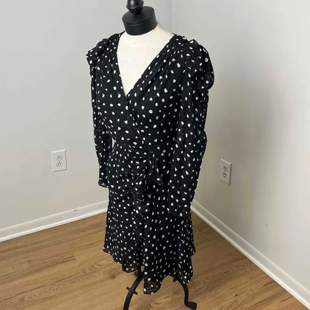 Rebecca Taylor Black Polka Dot Long‎ Sleeve V Neck Silk Faux Wrap Dress Size 4